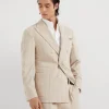 Wool and cashmere wide chalk stripe combed flannel one-and-a-half breasted deconstructed blazer with patch pockets