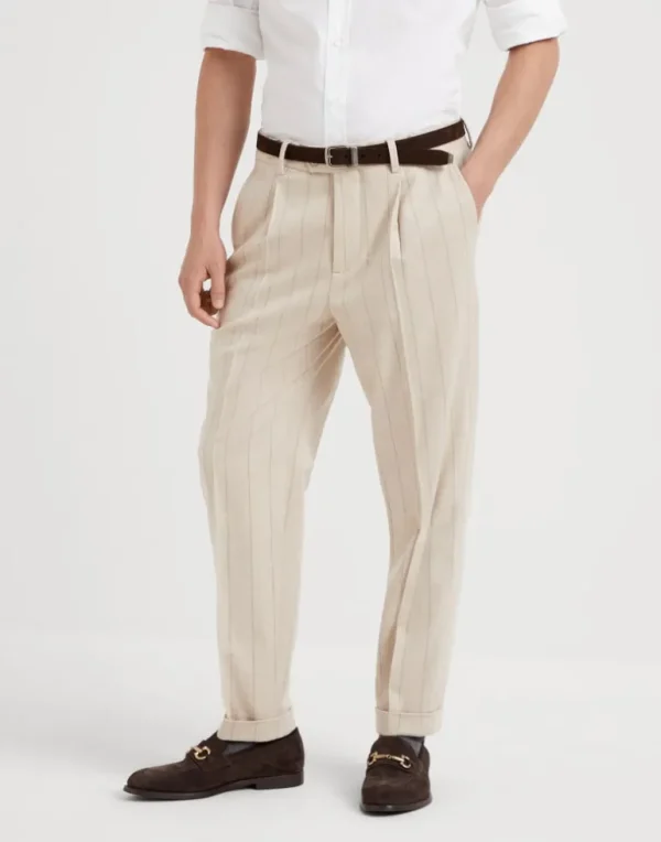 Wool and cashmere wide chalk stripe combed flannel leisure fit trousers with pleat