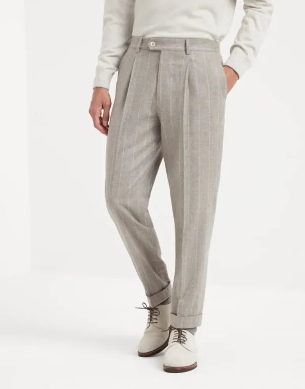 Wool and cashmere wide chalk stripe combed flannel leisure fit trousers with pleat