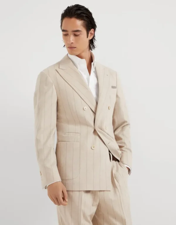 Wool and cashmere wide chalk stripe combed flannel one-and-a-half breasted deconstructed blazer with patch pockets