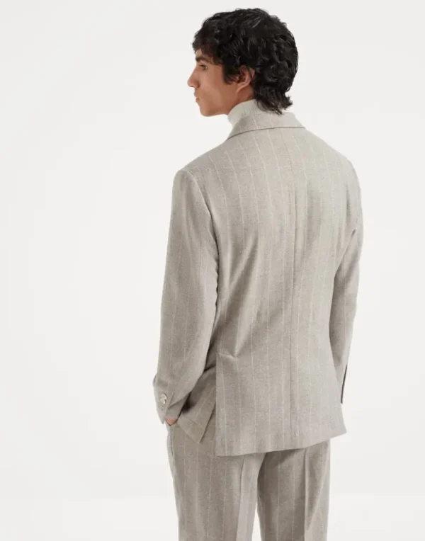 Wool and cashmere wide chalk stripe combed flannel one-and-a-half breasted deconstructed blazer with patch pockets