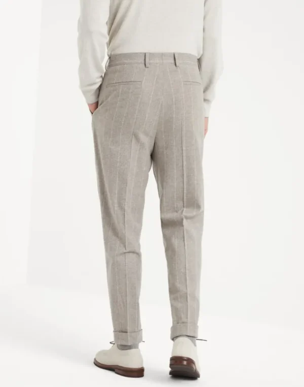 Wool and cashmere wide chalk stripe combed flannel leisure fit trousers with pleat