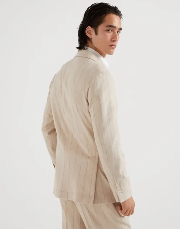 Wool and cashmere wide chalk stripe combed flannel one-and-a-half breasted deconstructed blazer with patch pockets