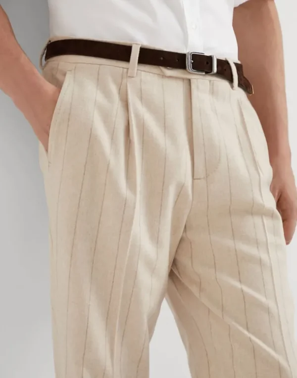 Wool and cashmere wide chalk stripe combed flannel leisure fit trousers with pleat