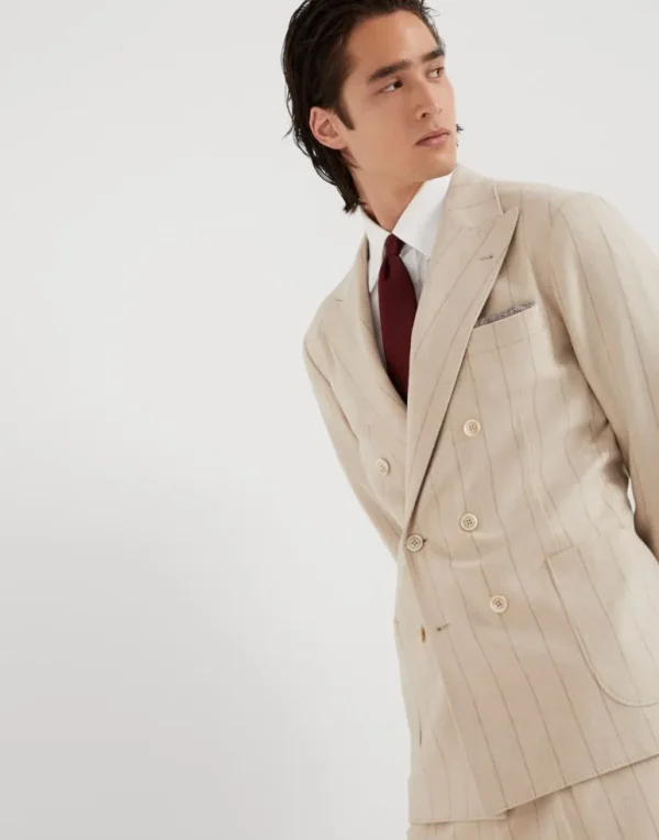 Wool and cashmere wide chalk stripe combed flannel one-and-a-half breasted deconstructed blazer with patch pockets