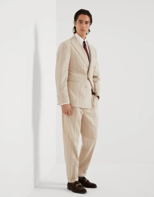 Wool and cashmere wide chalk stripe combed flannel one-and-a-half breasted deconstructed blazer with patch pockets