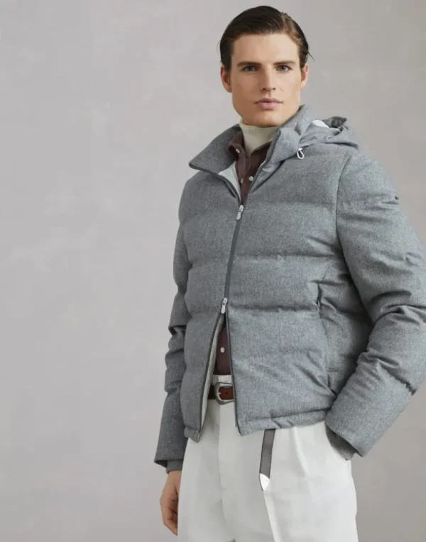 Wool beaver cloth down jacket with heat-bonded seams and detachable hood