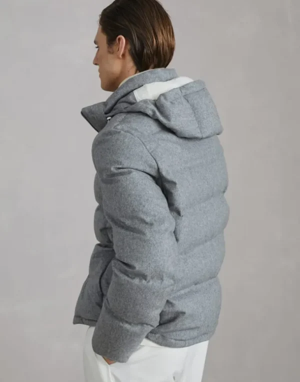 Wool beaver cloth down jacket with heat-bonded seams and detachable hood