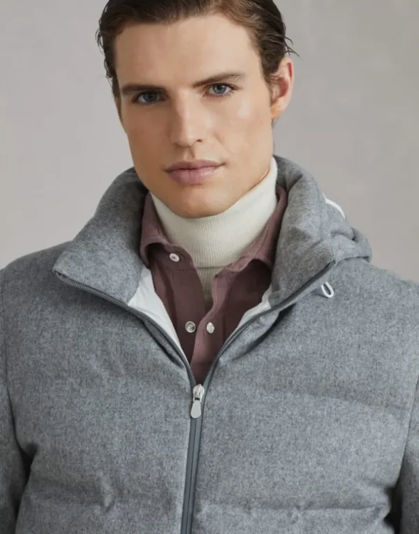 Wool beaver cloth down jacket with heat-bonded seams and detachable hood