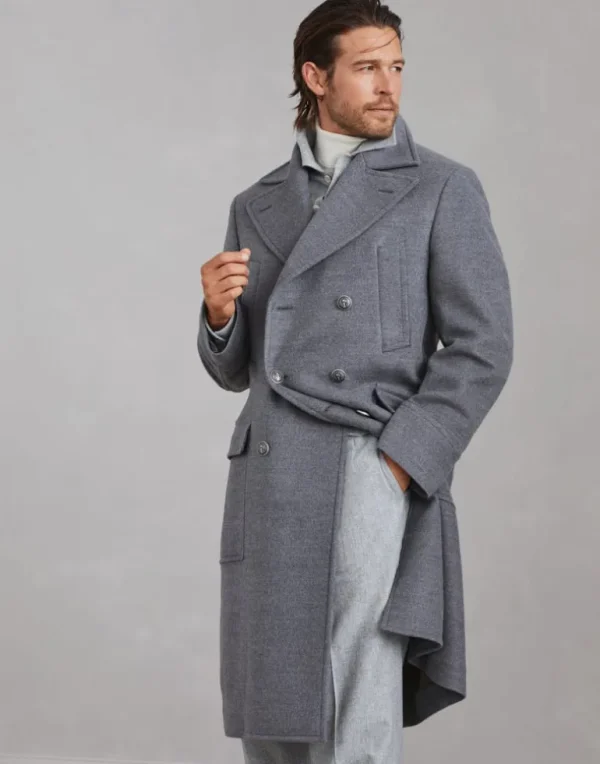 Wool double beaver cloth one-and-a-half-breasted coat with patch pockets and metal buttons