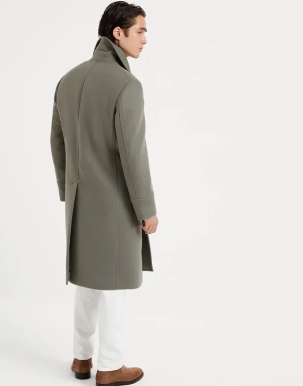 Wool double beaver cloth one-and-a-half-breasted coat with patch pockets and metal buttons