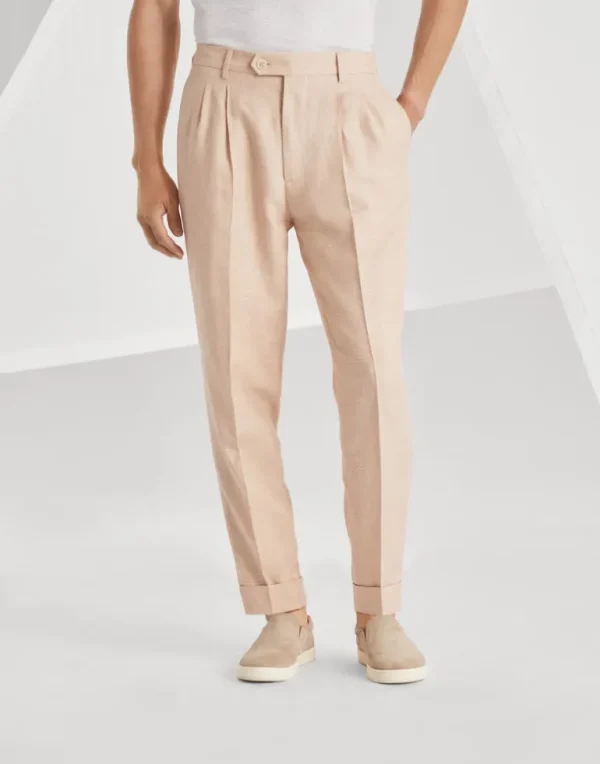 Wool, linen and silk Prince of Wales leisure fit trousers with double pleats