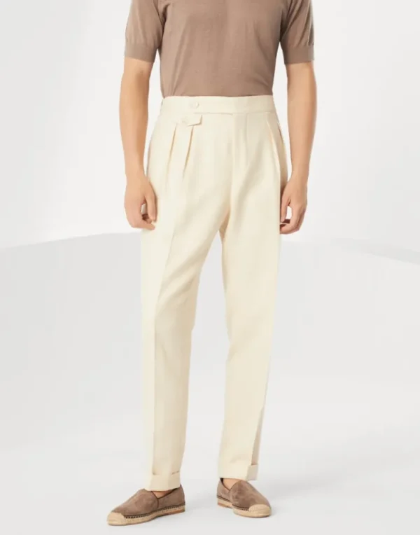 Wool, silk and linen chevron leisure fit trousers with double pleats and waist tabs