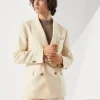 Wool, silk and linen chevron one-and-a-half breasted deconstructed blazer with metal buttons