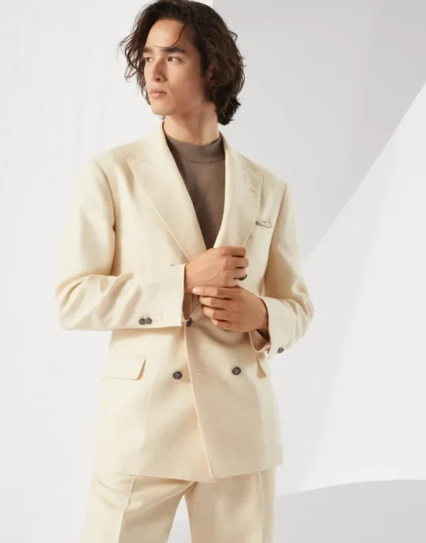 Wool, silk and linen chevron one-and-a-half breasted deconstructed blazer with metal buttons