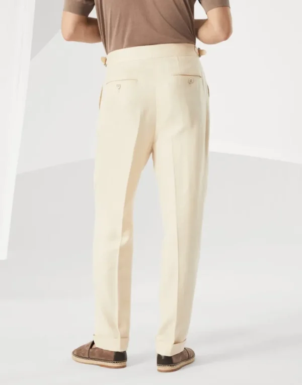 Wool, silk and linen chevron leisure fit trousers with double pleats and waist tabs