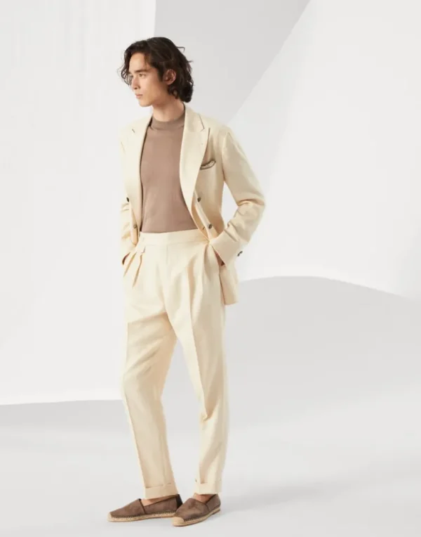 Wool, silk and linen chevron leisure fit trousers with double pleats and waist tabs